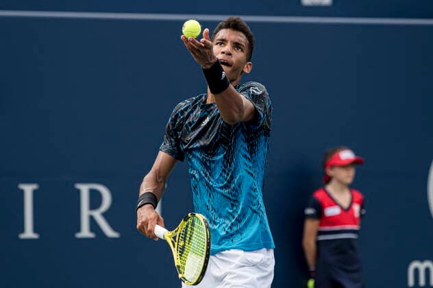 August 11, 2021, Toronto, on, Canada: CanadaÃ¢â‚¬â ¢s Felix Auger-Aliassime serves the ball to SerbiaÃ¢â‚¬â ¢s Dusan Lajovic during MenÃ¢â‚¬â ¢s National Bank Open tennis action, in Toronto, Wednesday, Aug. 11, 2021. Canada News - August 11, 2021  - ZUMAc35_ 20210811_zaf_c35_036 Copyright: xChristopherxKatsarovx