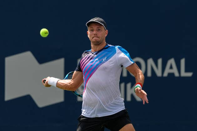 TORONTO, ON - AUGUST 11: James Duckworth (AUS) returns the ball during his National Bank Open tennis tournament second round game on August 11, 2021, at Aviva Centre in Toronto, ON, Canada. (Photo by Julian Avram Icon Sportswire) TENNIS: AUG 11 National Bank Open Icon2108110022