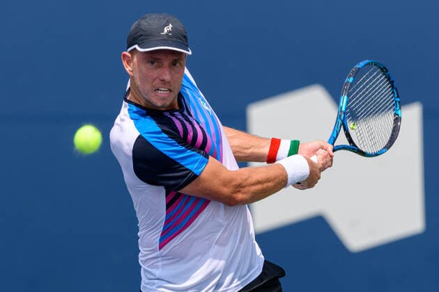 TORONTO, ON - AUGUST 11: James Duckworth (AUS) returns the ball during his National Bank Open tennis tournament second round game on August 11, 2021, at Aviva Centre in Toronto, ON, Canada. (Photo by Julian Avram Icon Sportswire) TENNIS: AUG 11 National Bank Open Icon2108110039