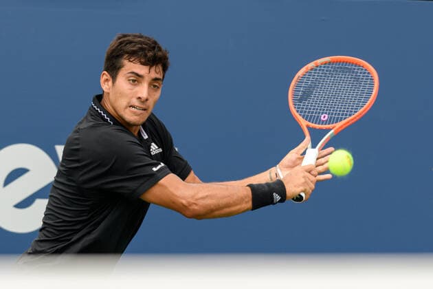 TORONTO, ON - AUGUST 11: Cristian Garin (CHI) returns the ball during his National Bank Open tennis tournament second round game on August 11, 2021, at Aviva Centre in Toronto, ON, Canada. (Photo by Julian Avram Icon Sportswire) TENNIS: AUG 11 National Bank Open Icon2108110044