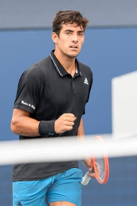 TORONTO, ON - AUGUST 11: Cristian Garin (CHI) celebrates after winning a point during his National Bank Open tennis tournament second round game on August 11, 2021, at Aviva Centre in Toronto, ON, Canada. (Photo by Julian Avram Icon Sportswire) TENNIS: AUG 11 National Bank Open Icon2108110047