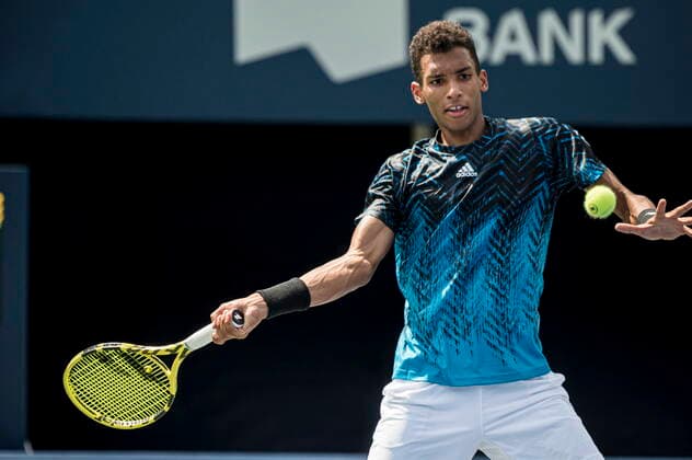 August 11, 2021, Toronto, on, Canada: Canada s Felix Auger-Aliassime returns the ball to Serbia s Dusan Lajovic during Men s National Bank Open tennis action, in Toronto on Wednesday, Aug., 11, 2021. Canada News - August 11, 2021  - ZUMAc35_ 20210811_zaf_c35_056 Copyright: xChristopherxKatsarovx