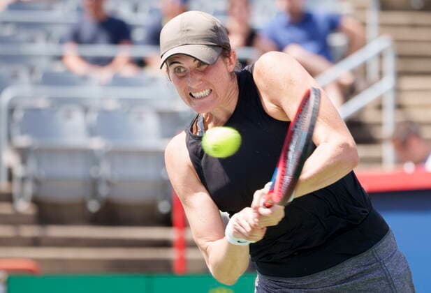 August 11, 2021, Montreal, PQ, Canada: Canada s Rebecca Marino returns to Paula Badosa, of Spain, during second round National Bank Open women s tennis tournament action, in Montreal, Wednesday, Aug. 11, 2021. Rebecca Marino  - ZUMAc35_ 20210811_zaf_c35_060 Copyright: xPaulxChiassonx