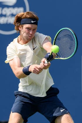 TORONTO, ON - AUGUST 11: Andrey Rublev (RUS) returns the ball during his National Bank Open tennis tournament second round game on August 11, 2021, at Aviva Centre in Toronto, ON, Canada. (Photo by Julian Avram Icon Sportswire) TENNIS: AUG 11 National Bank Open Icon2108110913