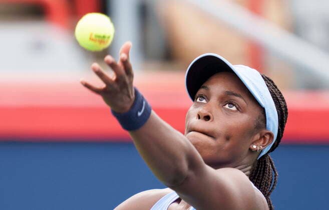 August 11, 2021, Montreal, PQ, Canada: Sloane Stephens, of the Unites States, serves to Aryna Sabalemka, of Belarus, during second round National Bank Open women s tennis tournament action, in Montreal, Wednesday, Aug. 11, 2021. Sloane Stephens  - ZUMAc35_ 20210811_zaf_c35_093 Copyright: xPaulxChiassonx