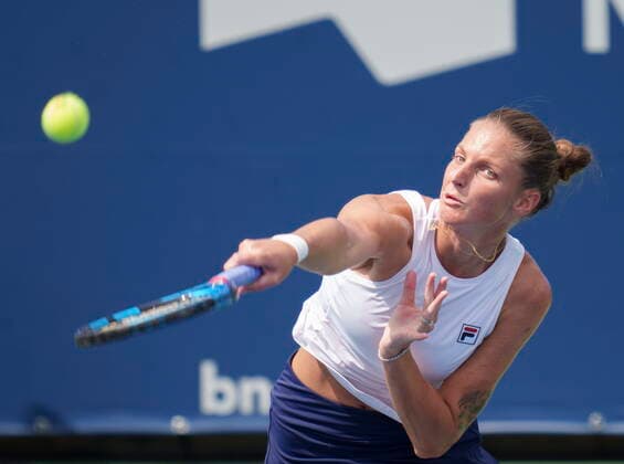 August 11, 2021, Montreal, PQ, Canada: Karolina Pliskova, of the Czech Republic, serves to Donna Vekic, of Croatia, during second round National Bank Open women s tennis tournament action, in Montreal, Wednesday, Aug. 11, 2021. Karolina Pliskova  - ZUMAc35_ 20210811_zaf_c35_096 Copyright: xPaulxChiassonx