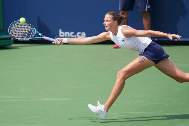 August 11, 2021, Montreal, PQ, Canada: Karolina Pliskova, of the Czech Republic, lunges to return to Donna Vekic, of Croatia, during second round National Bank Open women s tennis tournament action, in Montreal, Wednesday, Aug. 11, 2021. Karolina Pliskova  - ZUMAc35_ 20210811_zaf_c35_097 Copyright: xPaulxChiassonx