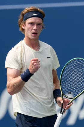 TORONTO, ON - AUGUST 11: Andrey Rublev (RUS) celebrates after winning a point during his National Bank Open tennis tournament second round game on August 11, 2021, at Aviva Centre in Toronto, ON, Canada. (Photo by Julian Avram Icon Sportswire) TENNIS: AUG 11 National Bank Open Icon2108110923