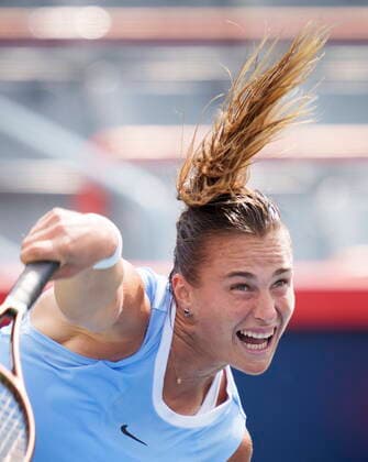 August 11, 2021, Montreal, PQ, Canada: Aryna Sabalemka, of Belarus, serves to Sloane Stephens, of the Unites States, during second round National Bank Open women s tennis tournament action, in Montreal, Wednesday, Aug. 11, 2021. Aryna Sabalemka  - ZUMAc35_ 20210811_zaf_c35_100 Copyright: xPaulxChiassonx