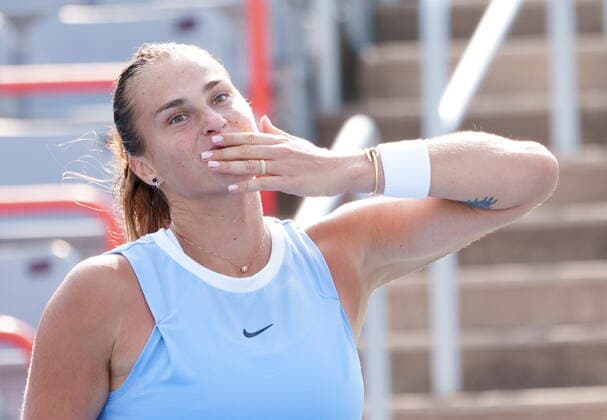 August 11, 2021, Montreal, PQ, Canada: Aryna Sabalemka, of Belarus, blows kisses as she celebrates her win over Sloane Stephens, of the Unites States, following second round National Bank Open women s tennis tournament action, in Montreal, Wednesday, Aug. 11, 2021. Aryna Sabalemka  - ZUMAc35_ 20210811_zaf_c35_107 Copyright: xPaulxChiassonx
