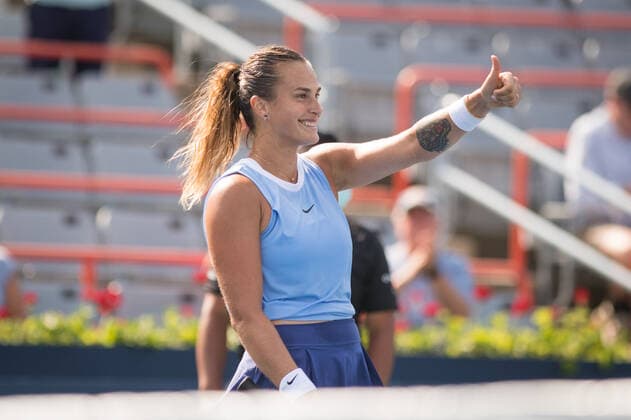MONTREAL, QC - AUGUST 11: Aryna Sabalenka from Belarus reacts after winning her match against Sloane Stevens of the USA during the second round WTA, Tennis Damen National Bank Open match on August 11, 2021 at IGA Stadium in Montreal, QC (Photo by Vincent Ethier Icon Sportswire) TENNIS: AUG 11 National Bank Open Icon2108112065