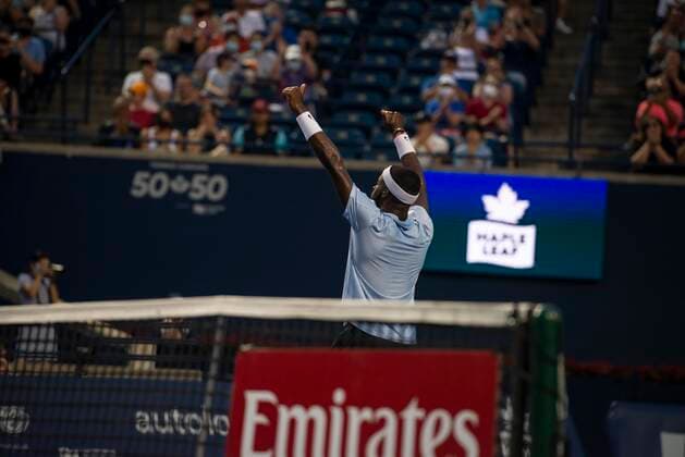 August 11, 2021, Toronto, Ontario, Canada: Frances Tiafoe pictured in his second round match of the National Bank Open against Denis Shapovalov. Toronto Canada - ZUMAc232 20210811_zip_c232_013 Copyright: xGilesxCampbellx