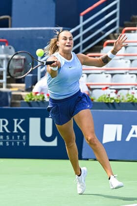 August 12, 2021: Aryna Sabalenka (BLR) returns the ball during the WTA, Tennis Damen National Bank Open third round match at IGA Stadium in Montreal, Quebec. CSM Montreal Canada - ZUMAc04_ 20210812_zaf_c04_006 Copyright: xDavidxKirouacx