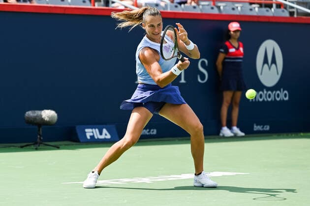 August 12, 2021: Aryna Sabalenka (BLR) returns the ball during the WTA, Tennis Damen National Bank Open third round match at IGA Stadium in Montreal, Quebec. CSM Montreal Canada - ZUMAc04_ 20210812_zaf_c04_008 Copyright: xDavidxKirouacx