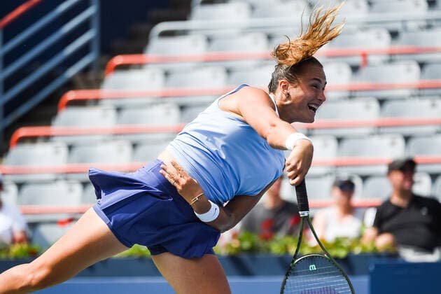 MONTREAL, QC - AUGUST 12: Aryna Sabalenka (BLR) serves the ball during the third round WTA, Tennis Damen National Bank Open match on August 12, 2021 at IGA Stadium in Montreal, QC (Photo by David Kirouac Icon Sportswire) TENNIS: AUG 12 National Bank Open Icon210812006