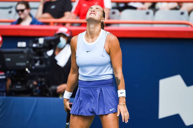 MONTREAL, QC - AUGUST 12: Aryna Sabalenka (BLR) shows frustration after missing a point during the third round WTA, Tennis Damen National Bank Open match on August 12, 2021 at IGA Stadium in Montreal, QC (Photo by David Kirouac Icon Sportswire) TENNIS: AUG 12 National Bank Open Icon210812010