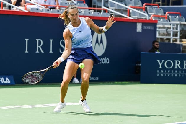 MONTREAL, QC - AUGUST 12: Aryna Sabalenka (BLR) returns the ball during the third round WTA, Tennis Damen National Bank Open match on August 12, 2021 at IGA Stadium in Montreal, QC (Photo by David Kirouac Icon Sportswire) TENNIS: AUG 12 National Bank Open Icon210812014