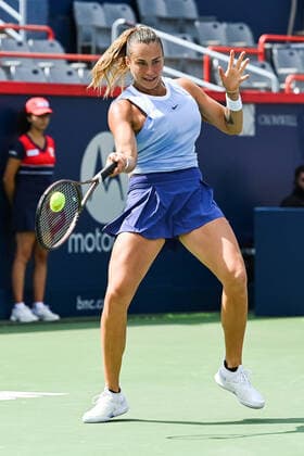 MONTREAL, QC - AUGUST 12: Aryna Sabalenka (BLR) returns the ball during the third round WTA, Tennis Damen National Bank Open match on August 12, 2021 at IGA Stadium in Montreal, QC (Photo by David Kirouac Icon Sportswire) TENNIS: AUG 12 National Bank Open Icon210812016