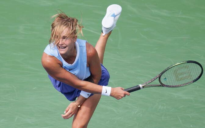 August 12, 2021, Montreal, PQ, Canada: Aryna Sabalenka of Belarus serves to Canada s Rebecca Marino during round of sixteen play at the National Bank Open tennis tournament, Thursday, August 12, 2021 in Montreal. Aryna Sabalenka  - ZUMAc35_ 20210812_zaf_c35_005 Copyright: xPaulxChiassonx