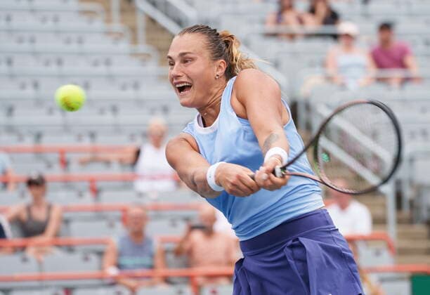 August 12, 2021, Montreal, PQ, Canada: Aryna Sabalenka of Belarus returns to Canada s Rebecca Marino during round of sixteen play at the National Bank Open tennis tournament, Thursday, August 12, 2021 in Montreal. Aryna Sabalenka  - ZUMAc35_ 20210812_zaf_c35_006 Copyright: xPaulxChiassonx