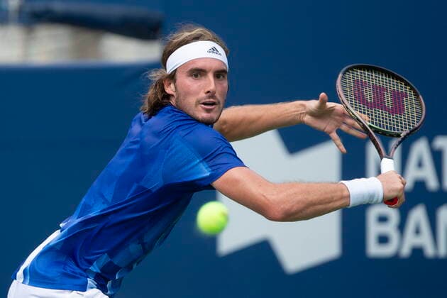 August 12, 2021, Toronto, on, Canada: Stefanos Tsitsipas of Greece returns during his 6-3 6-2 win over Russian Karen Khachanov during MenÃ¢â‚¬â ¢s National Bank Open tennis action in Toronto, Thursday, Aug. 12, 2021 Stefanos Tsitsipas  - ZUMAc35_ 20210812_zaf_c35_016 Copyright: xChrisxYoungx