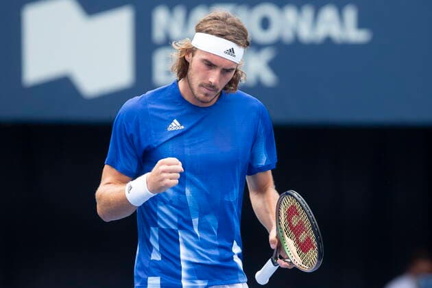 August 12, 2021, Toronto, on, Canada: Stefanos Tsitsipas of Greece celebrates a point during his 6-3 6-2 win over Russian Karen Khachanov in MenÃ¢â‚¬â ¢s National Bank Open tennis action in Toronto, Thursday, Aug. 12, 2021 Stefanos Tsitsipas  - ZUMAc35_ 20210812_zaf_c35_017 Copyright: xChrisxYoungx