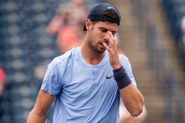 August 12, 2021, Toronto, on, Canada: Russian Karen Khachanov reacts during his 6-3 6-2 loss to Stefanos Tsitsipas of Greece during MenÃ¢â‚¬â ¢s National Bank Open tennis action in Toronto, Thursday, Aug. 12, 2021 Karen Khachanov  - ZUMAc35_ 20210812_zaf_c35_020 Copyright: xChrisxYoungx