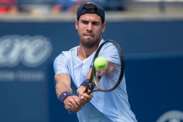 August 12, 2021, Toronto, on, Canada: Russia s Karen Khachanov plays a return during his 6-3 6-2 loss to Stefanos Tsitsipas of Greece during MenÃ¢â‚¬â ¢s National Bank Open tennis action in Toronto, Thursday, Aug. 12, 2021 Karen Khachanov  - ZUMAc35_ 20210812_zaf_c35_037 Copyright: xChrisxYoungx