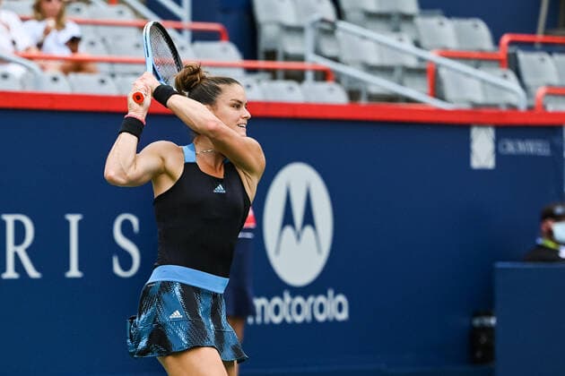 August 12, 2021: Maria Sakkari (GRE) returns the ball during the WTA, Tennis Damen National Bank Open third round match at IGA Stadium in Montreal, Quebec. CSM Montreal Canada - ZUMAc04_ 20210812_zaf_c04_023 Copyright: xDavidxKirouacx