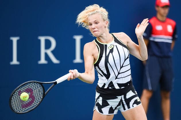 MONTREAL, QC - AUGUST 12: Katerina Siniakova (CZE) returns the ball during the third round WTA, Tennis Damen National Bank Open match on August 12, 2021 at IGA Stadium in Montreal, QC (Photo by David Kirouac Icon Sportswire) TENNIS: AUG 12 National Bank Open Icon210812025