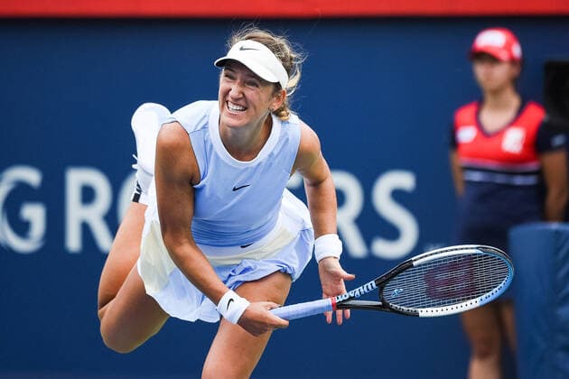MONTREAL, QC - AUGUST 12: Victoria Azarenka (BLR) serves the ball during the third round WTA, Tennis Damen National Bank Open match on August 12, 2021 at IGA Stadium in Montreal, QC (Photo by David Kirouac Icon Sportswire) TENNIS: AUG 12 National Bank Open Icon210812028