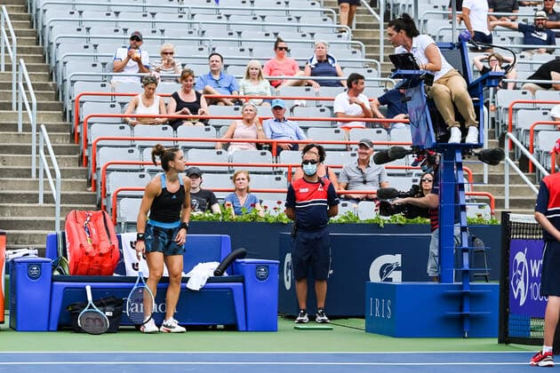 MONTREAL, QC - AUGUST 12: Maria Sakkari (GRE) srgues with the umpire during the third round WTA, Tennis Damen National Bank Open match on August 12, 2021 at IGA Stadium in Montreal, QC (Photo by David Kirouac Icon Sportswire) TENNIS: AUG 12 National Bank Open Icon210812033