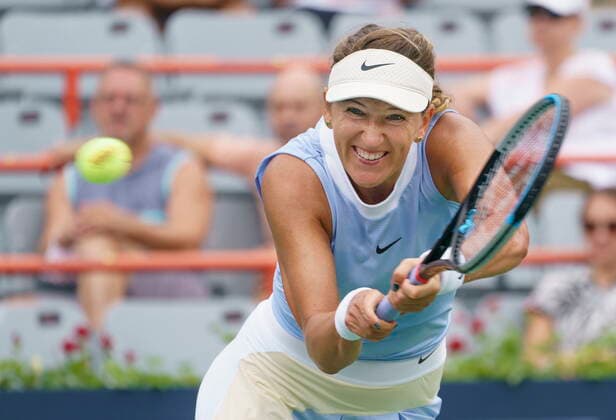 August 12, 2021, Montreal, PQ, Canada: Victoria Azarenka of Belarus returns to Maria Sakkari of Greece during round of sixteen play at the National Bank Open tennis tournament Thursday, August 12, 2021 in Montreal. Victoria Azarenka  - ZUMAc35_ 20210812_zaf_c35_047 Copyright: xPaulxChiassonx