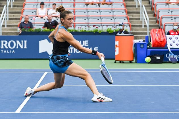 MONTREAL, QC - AUGUST 12: Maria Sakkari (GRE) returns the ball during the third round WTA, Tennis Damen National Bank Open match on August 12, 2021 at IGA Stadium in Montreal, QC (Photo by David Kirouac Icon Sportswire) TENNIS: AUG 12 National Bank Open Icon210812043