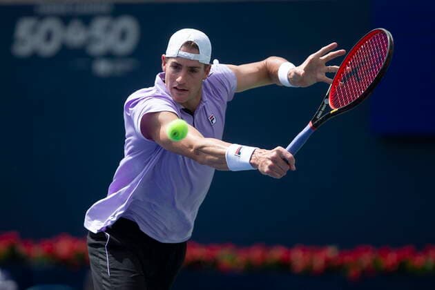 August 12, 2021, Toronto, on, Canada: John Isner of the USA plays a return during his 7-5 7-6 win over Russia s Andrey Rublev in Men s National Bank Open tennis action in Toronto, Thursday, Aug. 12, 2021 John Isner  - ZUMAc35_ 20210812_zaf_c35_054 Copyright: xChrisxYoungx