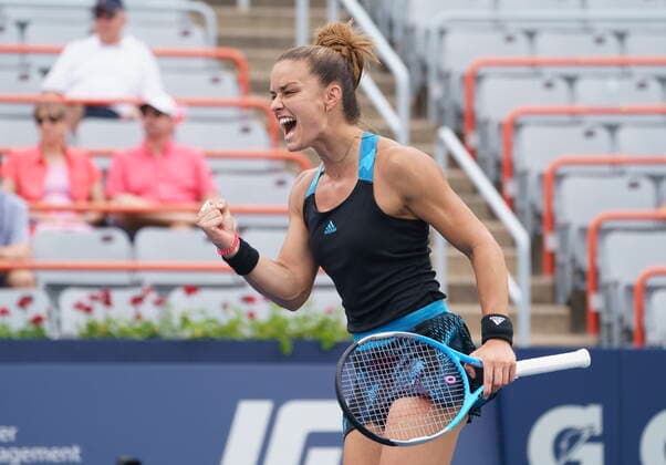 August 12, 2021, Montreal, PQ, Canada: Maria Sakkari of Greece reacts during her match against Victoria Azarenka of Belarus during round of sixteen play at the National Bank Open tennis tournament Thursday August 12, 2021 in Montreal. Maria Sakkri  - ZUMAc35_ 20210812_zaf_c35_062 Copyright: xPaulxChiassonx