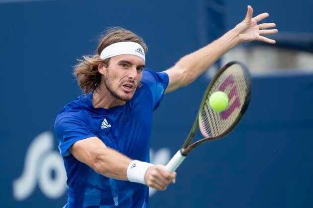 August 12, 2021, Toronto, Canada: STEFANOS TSITSIPAS of Greece returns a shot during his 6-3 6-2 win over Russian K. Khachanov during Men s National Bank Open tennis action. Tennis 2021: National Bank Open: Day 4  - ZUMAc35_ 20210812_zaf_c35_015 Copyright: xChrisxYoungx