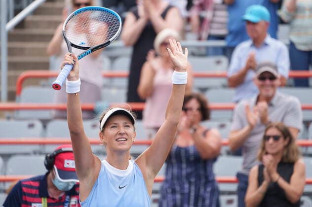 August 12, 2021, Montreal, PQ, Canada: Victoria Azarenka of Belarus celebrates her victory over Maria Sakkari of Greece during round of sixteen play at the National Bank Open tennis tournament Thursday August 12, 2021 in Montreal. Victoria Azarenka  - ZUMAc35_ 20210812_zaf_c35_067 Copyright: xPaulxChiassonx