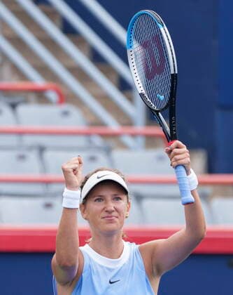 August 12, 2021, Montreal, PQ, Canada: Victoria Azarenka of Belarus celebrates her victory over Maria Sakkari of Greece during round of sixteen play at the National Bank Open tennis tournament Thursday August 12, 2021 in Montreal. Victoria Azarenka  - ZUMAc35_ 20210812_zaf_c35_065 Copyright: xPaulxChiassonx