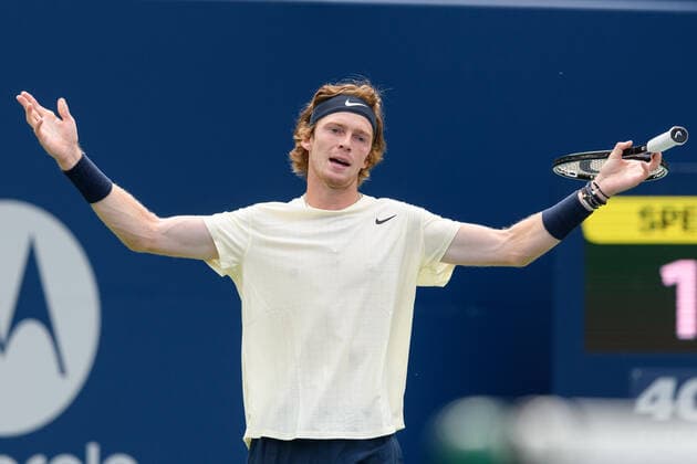 TORONTO, ON - AUGUST 12: Andrey Rublev (RUS) reacts during his National Bank Open tennis tournament third round game on August 12, 2021, at Aviva Centre in Toronto, ON, Canada. (Photo by Julian Avram Icon Sportswire) TENNIS: AUG 12 National Bank Open Icon2108120711