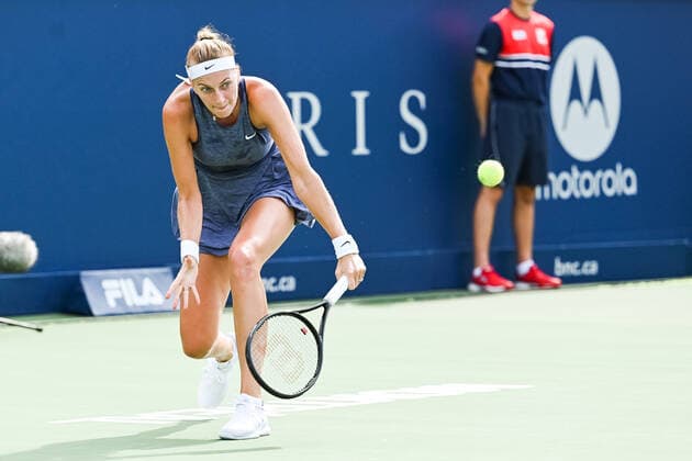August 12, 2021: Petra Kvitova (CZE) returns the ball during the WTA, Tennis Damen National Bank Open third round match at IGA Stadium in Montreal, Quebec. CSM Montreal Canada - ZUMAc04_ 20210812_zaf_c04_041 Copyright: xDavidxKirouacx