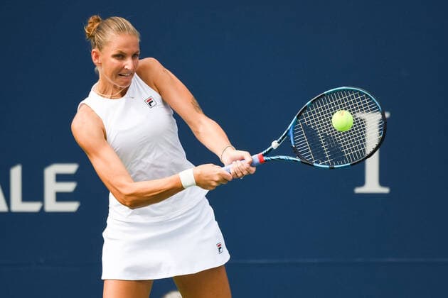 MONTREAL, QC - AUGUST 12: Karolina Pliskova (CZE) returns the ball during the third round WTA, Tennis Damen National Bank Open match on August 12, 2021 at IGA Stadium in Montreal, QC (Photo by David Kirouac Icon Sportswire) TENNIS: AUG 12 National Bank Open Icon210812053