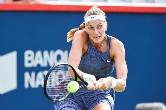 MONTREAL, QC - AUGUST 12: Petra Kvitova (CZE) returns the ball during the third round WTA, Tennis Damen National Bank Open match on August 12, 2021 at IGA Stadium in Montreal, QC (Photo by David Kirouac Icon Sportswire) TENNIS: AUG 12 National Bank Open Icon210812069