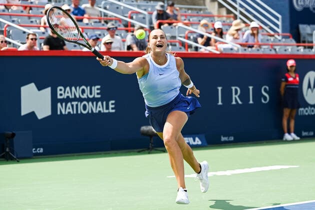 MONTREAL, QC - AUGUST 12: Aryna Sabalenka (BLR) returns the ball during the third round WTA, Tennis Damen National Bank Open match on August 12, 2021 at IGA Stadium in Montreal, QC (Photo by David Kirouac Icon Sportswire) TENNIS: AUG 12 National Bank Open Icon210812083