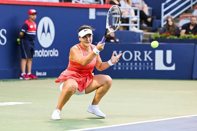 MONTREAL, QC - AUGUST 12: Bianca Andreescu (CAN) returns the ball during the third round WTA, Tennis Damen National Bank Open match on August 12, 2021 at IGA Stadium in Montreal, QC (Photo by David Kirouac Icon Sportswire) TENNIS: AUG 12 National Bank Open Icon210812121