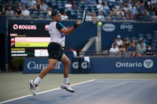 August 12, 2021, Toronto, on, Canada: James Duckworth of Australia returns a ball to Daniil Medvedev of Russia during National Bank Open men s tennis action, in Toronto, Thursday, Aug. 12, 2021. Canada News - August 12, 2021  - ZUMAc35_ 20210812_zaf_c35_180 Copyright: xColexBurstonx
