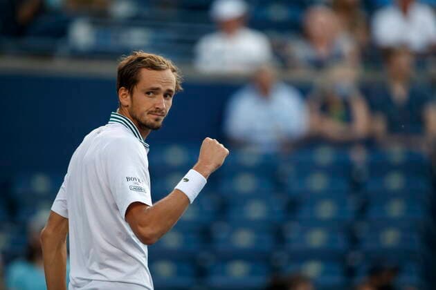 August 12, 2021, Toronto, on, Canada: Daniil Medvedev of Russia celebrates a point against James Duckworth of Australia during National Bank Open men s tennis action, in Toronto, Thursday, Aug. 12, 2021. Canada News - August 12, 2021  - ZUMAc35_ 20210812_zaf_c35_185 Copyright: xColexBurstonx