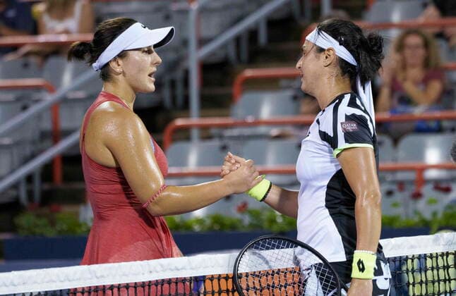 August 12, 2021, Montreal, PQ, Canada: Canada s Bianca Andreescu congratulates her opponent Ons Jabeur, of Tunisia, following her victory during round of sixteen play at the National Bank Open tennis tournament Thursday August 12, 2021 in Montreal. Bianca Andreescu Ons Jabeur  - ZUMAc35_ 20210812_zaf_c35_214 Copyright: xPaulxChiassonx