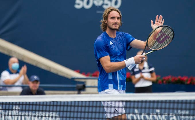 (210813) -- TORONTO, Aug. 13, 2021 -- Stefanos Tsitsipas of Greece celebrates victory after the third round of men s singles match against Stefanos Tsitsipas of Greece at the 2021 National Bank Open in Toronto, Canada, on Aug. 12, 2021. (Photo by Xinhua) (SP)CANADA-TORONTO-TENNIS-NATIONAL BANK OPEN-MEN S SINGLES ZouxZheng 