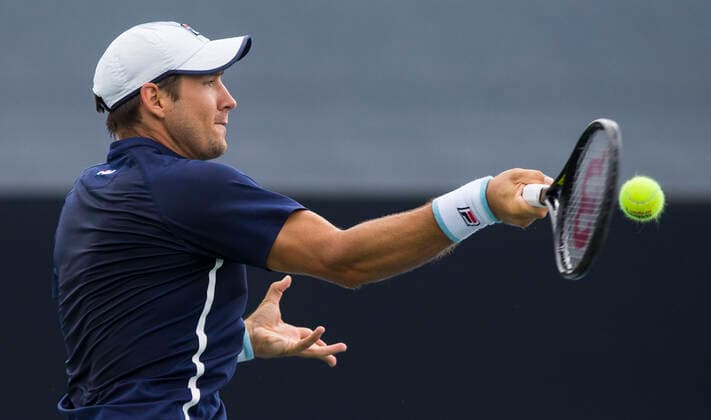 (210813) -- TORONTO, Aug. 13, 2021 -- Dusan Lajovic of Serbia returns the ball against Casper Ruud of Norway during the third round of men s singles match at the 2021 National Bank Open in Toronto, Canada, on Aug. 12, 2021. (Photo by Xinhua) (SP)CANADA-TORONTO-TENNIS-NATIONAL BANK OPEN-MEN S SINGLE ZouxZheng 